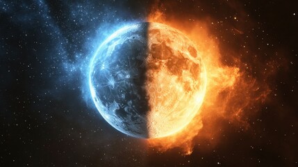 Obraz premium Celestial Duality: Half Moon and Half Sun Fusion in Cosmic Harmony