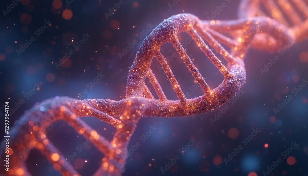 Poster cosmic dna helix in starry universe. glittering sparkles molecule in space cosmos, genetic code back