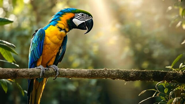 Vibrant parrot perched on a branch, captured from a side angle. Sunlight filters through lush greenery, creating a serene, natural video scene. Live desktop wallpaper.