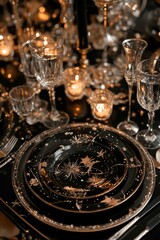 an overhead photo of a balck table top with silver and gold new year's eve decor surrounding the border of the image with space in the middle for copy points