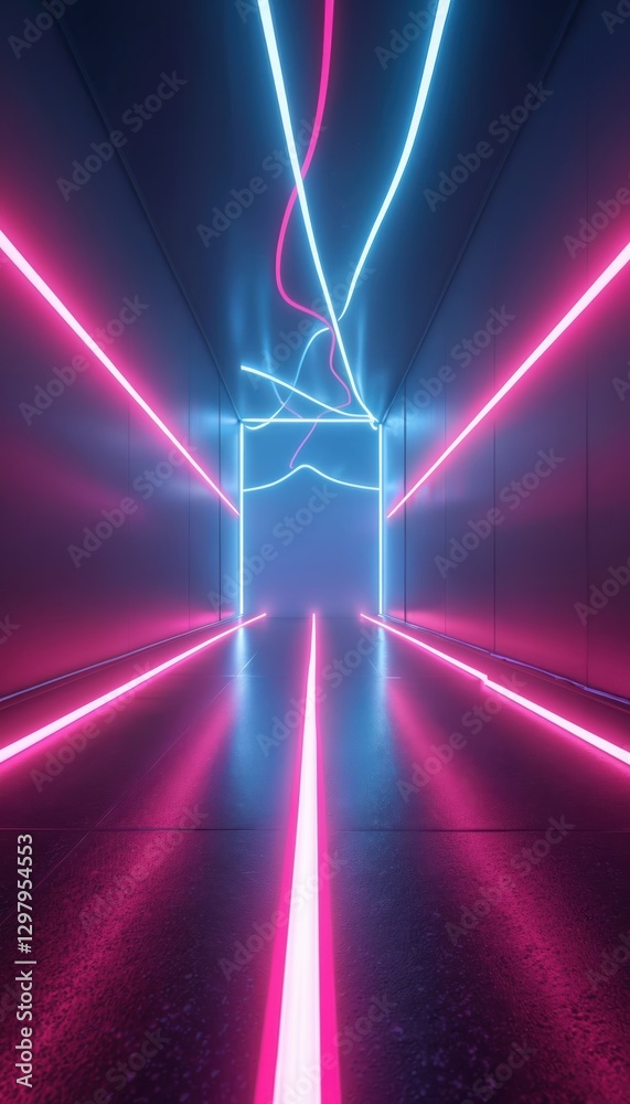 Poster vivid pink, blue neon lines create dynamic futuristic scene. empty dark tunnel, laser beams form abs