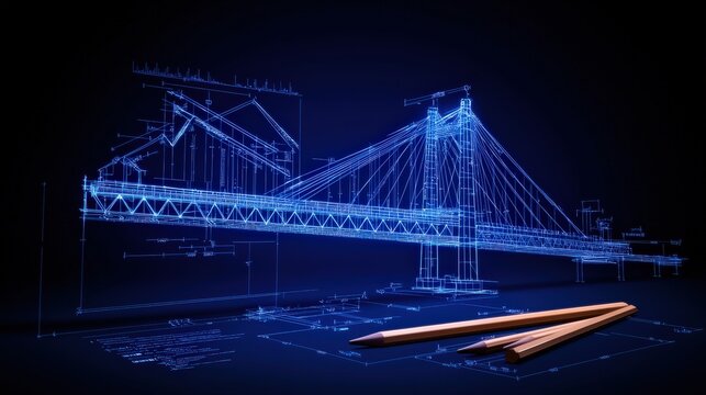 Glowing bridge design on blueprints with pencils against a dark backdrop