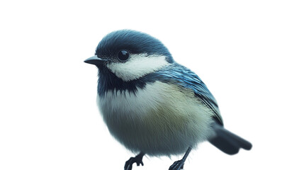 A tiny, fluffy blue tit perched, gazing intently, a delicate portrait against a bright white backdrop.