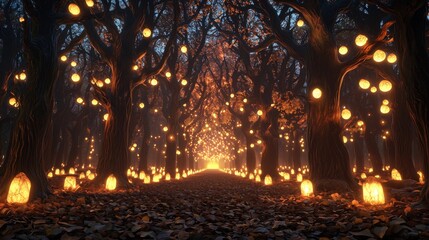 Obraz premium Enchanting lantern pathway mystical forest nighttime scene tranquil environment illuminated view magical experience