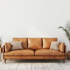 Maqueta de pared de sala de estar moderna con sofá de cuero.