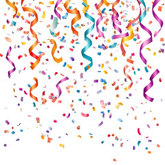 Colorful confetti and ribbons falling on a transparent background