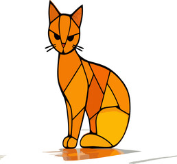 A beautifully designed stained glass-style illustration of an orange cat with a geometric pattern, sitting gracefully in a soft-lit environment. 