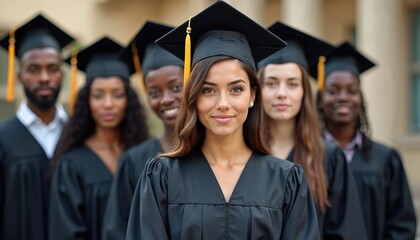 Diverse group graduate college students portrait at university outdoor. Multiethnic graduates wear black gowns, caps. Success, education, youth concept. Happy graduates with certificate, diploma