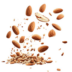 Falling closed almonds, isolated on a transparent background,