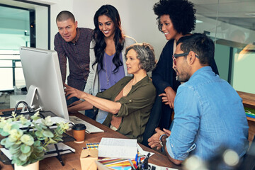 Training, computer and meeting with business people in office for teamwork, planning and film...