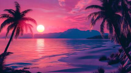 Pink and Purple Sunset Beach(New Retro Wave)