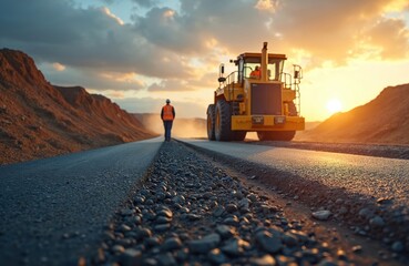 Road construction site with worker in orange vest and yellow grader against sunset. New highway asphalt pavement. Construction worker walks at industrial area. Career success, roadworks progress.