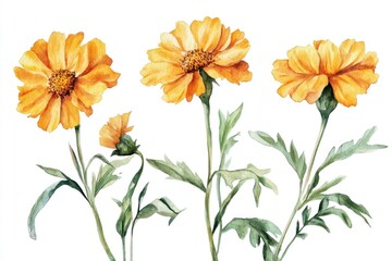 Fototapeta premium Watercolor painting of three yellow flowers and a bud.
