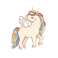 Rainbow unicorn. Hand drawn isolated horse unicorn isolated on white background. Bright illustration in lights colors for design children's room, clothing, nursery