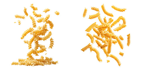 Fusilli pasta falling in mid air, showcasing its spiral shape and texture
