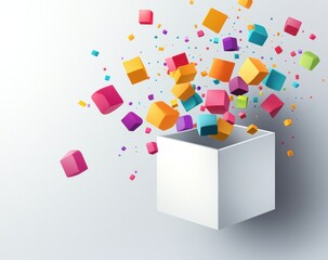 Colorful cubes exploding from a white box. (2)