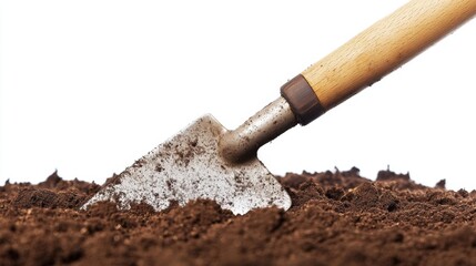 A close-up of a garden trowel digging into rich, dark soil. Perfect for gardening enthusiasts and landscapers alike. This image captures the essence of cultivating nature. Generative AI
