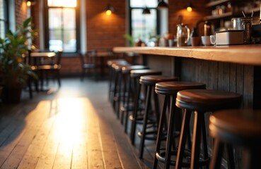 Interior photo of empty coffee shop with bar stools lined at counter. Wood furniture, dining tables chairs visible. Warm light accentuates the brick wall decor, creating cozy atmosphere.