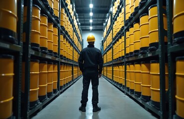 Worker in yellow helmet inspects stock barrels with crude oil at storage. Male worker is wearing overalls. Barrels are yellow colored, stacked on metal racks. Oil industry.