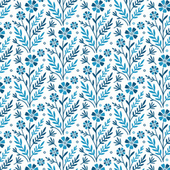 intricate seamless blue floral pattern with classic botanical motifs for premium home textile accessories and apparel

