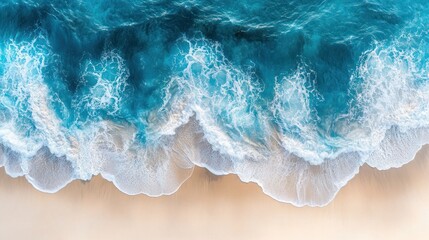Naklejka premium Aerial View of Pure Turquoise Ocean Water Texture with Waves Gently Breaking on the Golden Shore