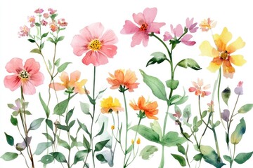 Watercolor painting of various colorful wildflowers.