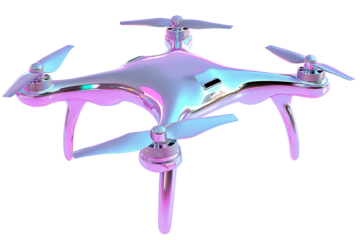 Futuristic holographic drone with a sleek iridescent body and transparent propellers, featuring high-tech cameras and a modern aesthetic, isolated on white background