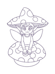 Forest Elf Sitting on a Mushroom – Fantasy Adult Coloring Page on White Background