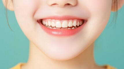Fototapeta premium Smiling girl portrait studio photography bright environment close-up dental health concept