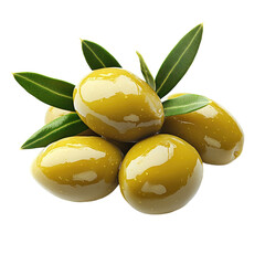 Green olives with leaves isolated on a transparent background.