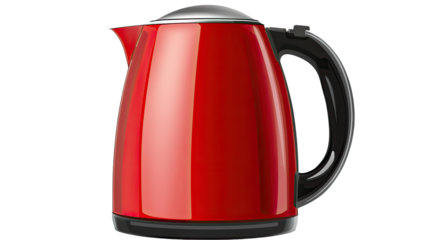 Electric Kettle: A sleek, modern red electric kettle with a contrasting black handle and lid sits ready for use, representing a blend of functionality and contemporary design.