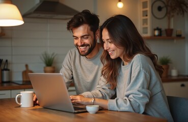 Cheerful couple looks at laptop screen sitting at kitchen table. Smiling spouse web surfing, making purchases online or booking flight tickets. Couple wearing casual clothes using notebook indoor.