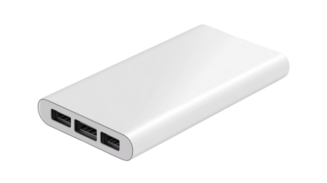 Power Bank: A sleek, rectangular power bank sits, showcasing its minimalist design and a set of charging ports, ready to provide portable power. 