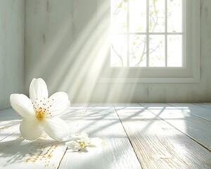 Spring flowers on wooden floor, sunlight, window