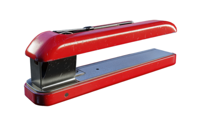 Crimson Stapler: A vibrant red stapler rests in a simple, eye-level composition, ready to bring order and efficiency to any project.