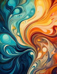 A digital fluid art pattern with swirling, flowing colors resembling marbled ink, creating vibrant, abstract textures and dynamic movement.