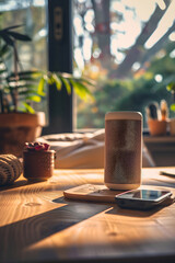 Modern Minimalist Bluetooth Speaker on Wooden Table with Smartphone in Background, Warm Ambient Lighting