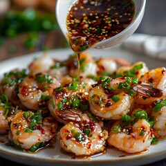 Macro Shot of Flavorful Korean Seafood Dipping Sauce with Garlic and Chili Drizzle