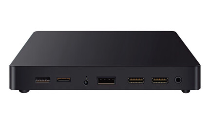 Obraz premium Sleek Modern Hub: a close-up, isolated image of a sleek, black hub, showcasing its array of ports, connectors, and modern design.