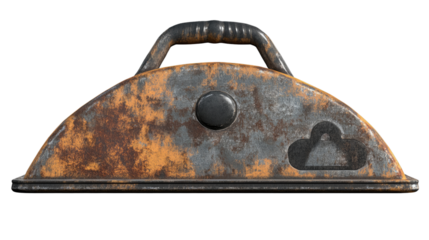 Cloud Data Storage: A textured, weathered metal data storage device featuring a handle and cloud icon, symbolizing modern data management, storage, and the transition to digital cloud technology.
