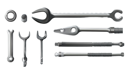 Precision Tools: A detailed, overhead view of a meticulously arranged collection of metallic wrenches, sockets and other tool components, perfect for mechanical.