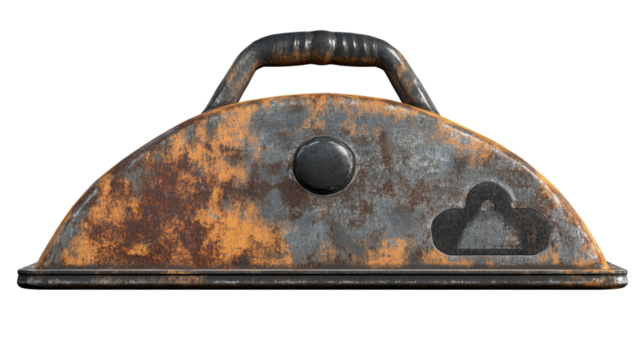 Cloud Data Storage: A textured, weathered metal data storage device featuring a handle and cloud icon, symbolizing modern data management, storage, and the transition to digital cloud technology.