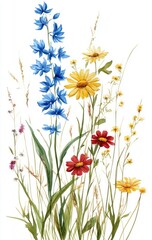 Watercolor painting of wildflowers blue, red, yellow blossoms, green stems, grass.
