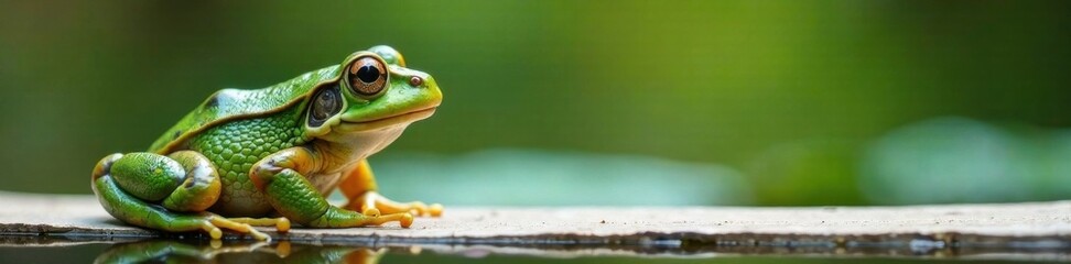 Fototapeta premium Gently flowing frog with a white wooden panel attached to its back, animal, amphibian, greenery