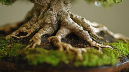 Fototapeta premium Detailed View of Bonsai Tree Roots with Moss on Natural Base
