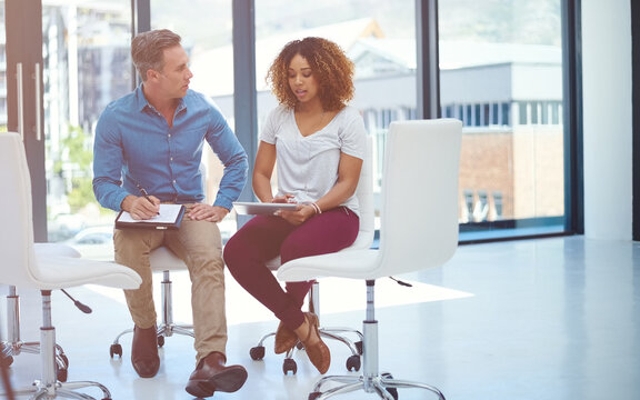 Business tablet, meeting and people with discussion for article advice, editing feedback and news reporting. Journalist, mentor and intern with training for story investigation or publication insight