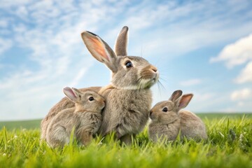 Fototapeta premium Playful rabbits basking in the sun on a bright spring day in a lush green meadow. Generative AI