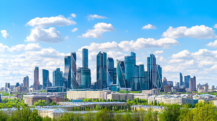 Fototapeta premium Panoramic View Of Modern City Skyscrapers Under Blue Sky With White Clouds