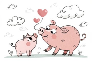 Heartfelt moment between a mother pig and her adorable piglet in a whimsical, dreamy landscape full of love. Generative AI