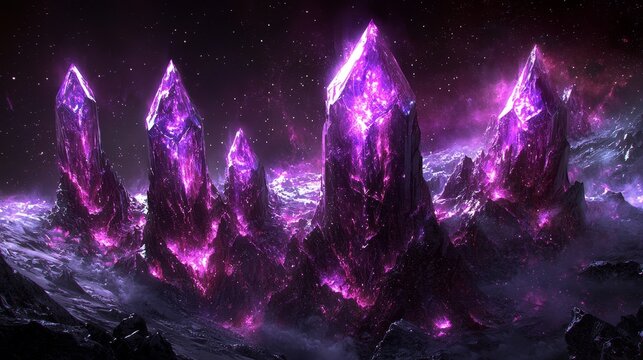 Luminous extraterrestrial crystal landscape shimmers beneath a cosmic sky in a captivating depiction of the unknown frontier